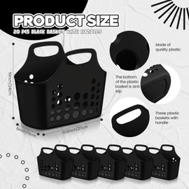 20 Pack Plastic Baskets with Handles Portable Shower Caddy Storage Baskets Reusable Caddy tote Organizer Bin for Bathroom Dorm Communal Showers Kitchen, 10.6" x 6" x 10" (Black)
