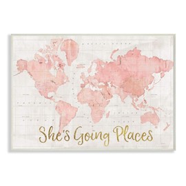 Stupell Industries She's Going Places Quote Pink Watercolor World Map, wall plaque, 10 x 15 (ab-961_wd_10x15)
