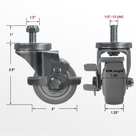 NINOSO 3'' Casters, Heavy Duty Industrial Casters Set of 4 with Load 1000lbs Capacity, Threaded Stem Rubber Caster Wheels for Cart Furniture(2 Brake & 2 Swivel)