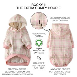 Pet Passion Rocky II - The Extra Plush Comfy Hoodie, Organic Cotton and Recycled Poly Dog Hoodie Pet Coat Sweater for Small, Medium, Large Dogs​​, Pink Chesterfield Plaid, X-Small