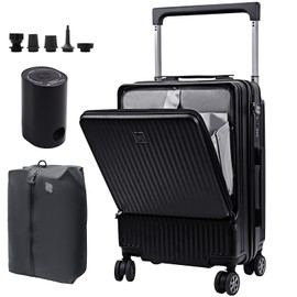 Luggage Suitcase Travel Vacuum Carry: 20 Inch Carry On Rolling Spinner Wheels with Air Vacuum Seal Compression Pump TSA Lock - ABS Hardside Lightweight Expandable Hardshell for Women Men Black
