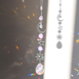 AOZUO Moon and Star Rear View Mirror Charm, Crystal Boho Car Hanging Decor Cute Suncatcher Healing Car Ornaments for Women Men
