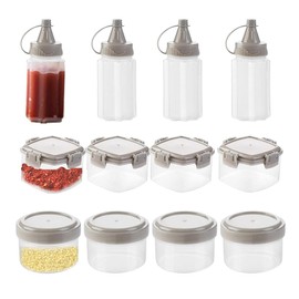 Mini Botellas de Plástico para Salsa, 12 Mini Botellas Exprimidoras y 1 Onza de Sal y Pimienta Bento Caja de Condimentos Ketchup Miel Ensalada Salsa de Salsa, Envase de Aderezo Gris
