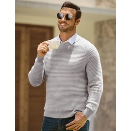 JMIERR Mens Textured Waffle Knitted Crewneck Sweater Checked Plaid Solid Pullover Soft Comfortable Casual Daily Wear Top, US 38(S), Light Grey