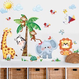 decalmile Wall Sticker Jungle Animals Tree Wall Sticker Giraffe Lion Monkey Wall Sticker Baby Room Nursery Living Room Wall Decoration