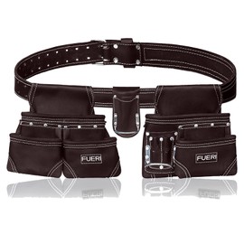 FUERI Leather Tool Belt with Dual Hammer Holster Tool Pouches Heavy Duty For Men Construction Carpenters Electricians Framers Ironworkers Garden Women