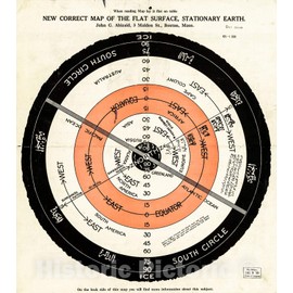 Historic 1920 Wall Map - New Correct map of The Flat Surface, Stationary Earth 39in x 44in