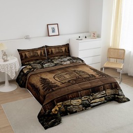 Erosebridal Kids Camper Bedding Set Twin Vintage Farmhouse Comforter Set for Boys Girls, Happy Camping Duvet Insert Rustic Lodge Cabin Quilt Set, Brown Old Barn Door Bedding Comforters & Sets