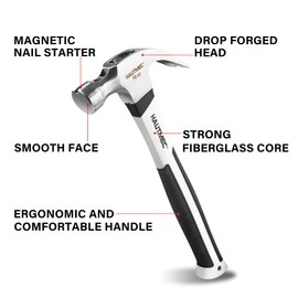 HAUTMEC 16 oz Claw Hammer, Drop Forged Claw Hammers with Magnetic Nail Holder and Firberglass Handle, Curved Jaw of Nail Puller, Smooth Face, HTMAM25003-UK