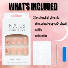 Square Press on Nails Short Fake Nails Pink Gradient False Nails with White Flower Press ons Design Acrylic Nails Coffin Full Cover Glue on Nails Artificial Stick on Nails for Women Nail Decorations