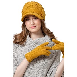 Womens Winter Elegant Cable Flower Knitted Newsboy Cabbie Cap Beret Beanie Hat with Visor, Warm Plush Fleece Lined