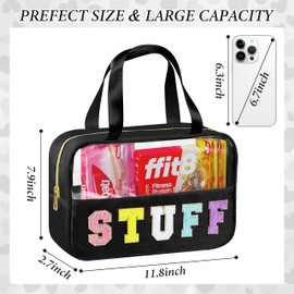 WOPIPAL - Chenille Letter Clear Makeup Bag, Waterproof Nylon & PVC Cosmetic Pouch with Handle & Zipper, Travel Cute Preppy Storage Organizer for Women (Stuff Black)