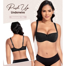 DotVol Women's Plus Size Wide Straps Lace Demi Underwire Lightly Padded Balconette Bra(Black,38C)