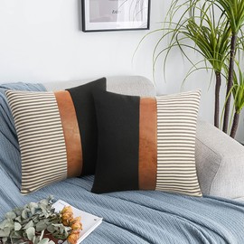 cygnus Set of 2 Farmhouse Decor Stripe Patchwork Black Linen Throw Pillow Covers,Modern Tan Faux Leather Accent Pillow Covers 18x18 inch, Grey Stripe