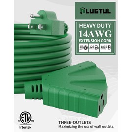 PLUGTUL 10FT Outdoor Extension Cord with Multiple Outlets, 14 Gauge, 3-Outlet, SJTW, 15A 12AWG 1875W SJTW, ETL Listed - Great for Christmas Decoration Lights, Green