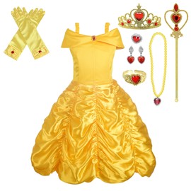 Lito Angels Beauty and the Beast Costume Princess Belle Iconic Fancy Dress Up Gold Gown with Accessories for Kids Girls Age 2 Years