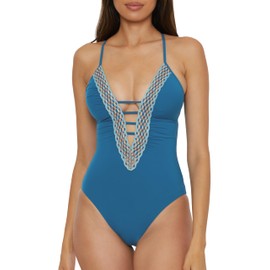 BECCA Women's Standard Fiesta Crochet Trim One Piece Swimsuit, Plunge Neck, Bathing Suits, Lagoon, Medium