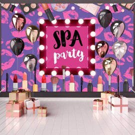 Spa Party Makeup Birthday Backdrop Banner Decorations Pink for Girls Women Make Up Themed Bday Background Photography Decor Supplies Purple