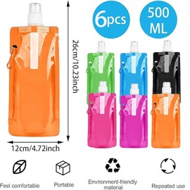 Jiahuade Pack of 6 Foldable Water Bottles, 500 ml Foldable Drinking Bottle, Foldable Water Bottle, Portable Collapsible Water Bag, Reusable BPA-Free Water Bottle, Flexible Foldable