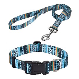 MarukoPet Dog Collar and Leash Set, Adjustable for Small Medium Large Dogs Puppy, Cute Design with Bohemia Floral Tribal Geometric Patterns Boys Girls Dog Collar(Green Bohemia Set,M)