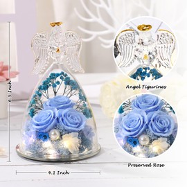 ANWEAO Christmas Rose Gifts for Mom, Glass Angel Figurine with Three Roses Gifts,Preserved Forever Real Rose Gifts for Women, Angel Guardian with Rose Gift for Valentine Day Mothers Day