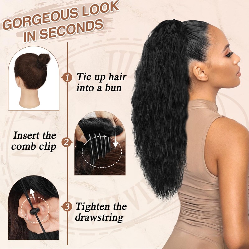 BARSDAR Comb Clip Ponytail Extension with Drawstring, 56 cm Curly