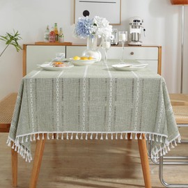 meioro Rustic Cotton Linen Tablecloth, Rectangle Wipeable Wrinkle Free Dust Resistant Table Cloth, Soft Fabric Embroidery Stripes with Tassels Table Cover for Kitchen Dining (Green, 55 x 86 inch)
