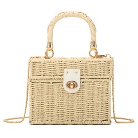 LHHMZ Women's Handwoven Rattan Square Tote Straw Basket Bag Women's Summer Beach Bag Wicker Shoulder Bag, beige