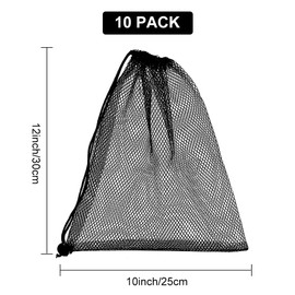 DELORIGIN 10pcs Mesh Drawstring Bag 10 x 12 inch Black Small Bags With Pull Rope Thicken Portable Storage Bags Outdoor Mesh Organizer Bag for Travel Hike Sports Diving Beach Collecting playthings