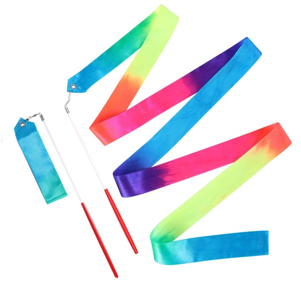 Pack of 2 Dance Ribbons, 2 m Long Exercise Band with Stick for Kids Dance Ribbons Dance Ribbon Streamers for Artistic Dance Training Party with Ribbon Dance Stick (Rainbow)