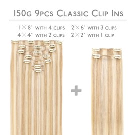 WENNALIFE Hair Extensions Clip In, 9pcs 18inch 150g Dirty Blonde Highlighted Bleach Blonde Thicker Clip In Hair Extensions Real Human Hair Remy hair extension Double Weft Clip in Human Hair Extensions