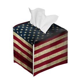 Pzuqiu Vintage American Flag Tissue Box Cover PU Leather Square Tissue Holder Patriotic Tissue Organizer for Bathroom Kitchen