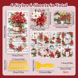 WANDIC 6 Sheets Christmas Flowers Letter Theme Rub On Transfer Sticker, Flower Decal for Home Party DIY Scrapbooking Photo Albums Furniture,15 * 30cm