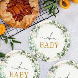 HFBOBP 50 PCS Eucalyptus Baby Shower Paper Plates, 7Inch Greenery Oh Baby Dessert Plate Party Supplies Disposable Tableware Sets for Boys or Girls Gender Reveal Shower Party Decorations Favors