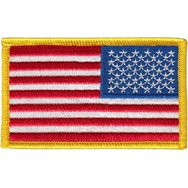 USA Flag Patch - Full Color - Gold Border - Reverse Orientation - Hook Backing