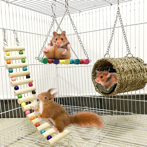 Hamiledyi Ewolee Hamster Hanging Toy, 3 Piece Wooden Small Animal