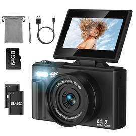 SOPPY Digital Camera, 4K Digital Camera, 4K Video Recording, 64 Megapixel Compact, Digital Camera, Autofocus, 3.0-inch Large Screen, Lightweight, School Trips, Students, Beginners, Set, 64 GB Micro SD