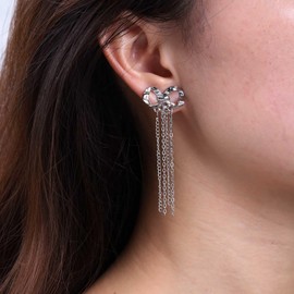 Inateannal Vintage Bow Chain Drop Earrings Silver Bow Chain Tassel Earrings Long Chandelier Tassel Earrings Bow Dangle Earrings Jewellery for Women and Girls, Zinc, No Gemstone