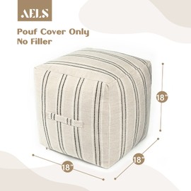 AELS Unstuffed Farmhouse Pouf Cover for Living Room, Boho Storage Bean Bag Cubes, Beige with Black Stitch Yarn Dyed Stripe Linen Square Ottoman Pouf Foot Rest Footstool, 18"x18"x18", Cover ONLY