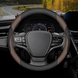 Mihecor Steering Wheel Cover Universal Standard Size 14.5-15 inch, Breathable Microfiber Leather, Anti-Slip, Soft Grip, Sporty Design, Fits for Cars SUVs Trucks, Black and Chocolate Brown