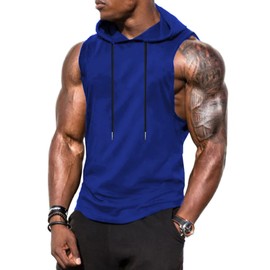 Babioboa Men's Cut Off Hoodie Sleeveless Workout Muscle Hoodies Bodybuilding Muscle Cut Off T-Shirt(Blue 1 Large)