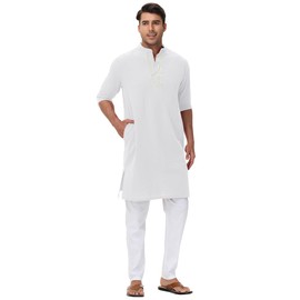 NANAMEEI Mens Kaftan Thobe Long Sleeve Robe Button Down Gown Shirts Cotton Linen Thobe,White,XL