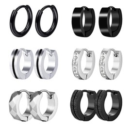 6 Pairs Men's Earrings Black Hoop Earrings Men Women Stainless Steel Earrings Silver Black Hoop Earrings Set for Men Women, 不