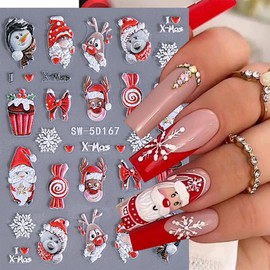 Christmas Nail Art Stickers Decals Santa Claus Snowy Tree Christmas Nail Stickers 2PCS Elk Snowflake Candy Bow-Knot Xmas Nail Designs 5D Embossed Nail Decals for Acrylic Nails Manicure Decorations