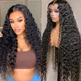 DOSYVI Deep Wave Lace Front Wigs Human Hair 200% Density Pre Plucked 13x6 HD Transparent Lace Frontal Wigs Human Hair For Women Deep Curly human hair wig (Black, 24 Inch)