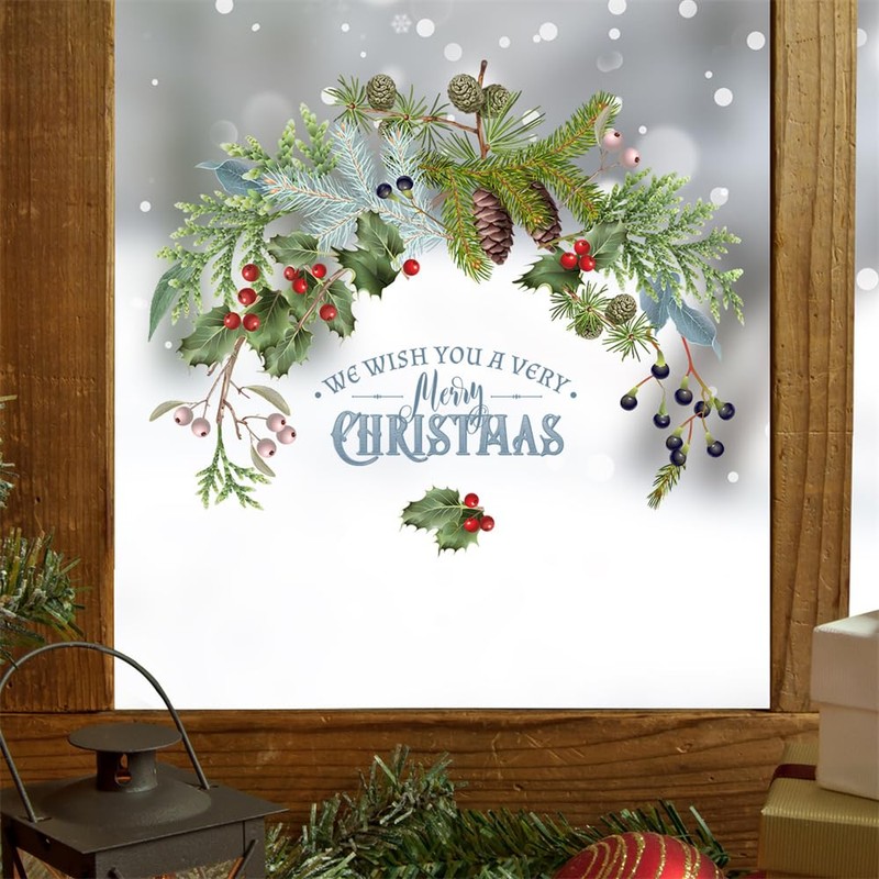 Condessacity Christmas Wall Stickers, Fruit Branches Pine Cone Static Glass