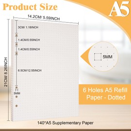 Vicloon A5 Loose Leaf Punched Paper, 140 Pages Dotted Refill Paper, Planner Inserts Refills for 6 Hole Binder Loose Leaf Paper for Personal Organizer Diary Notebook Refillable Planner