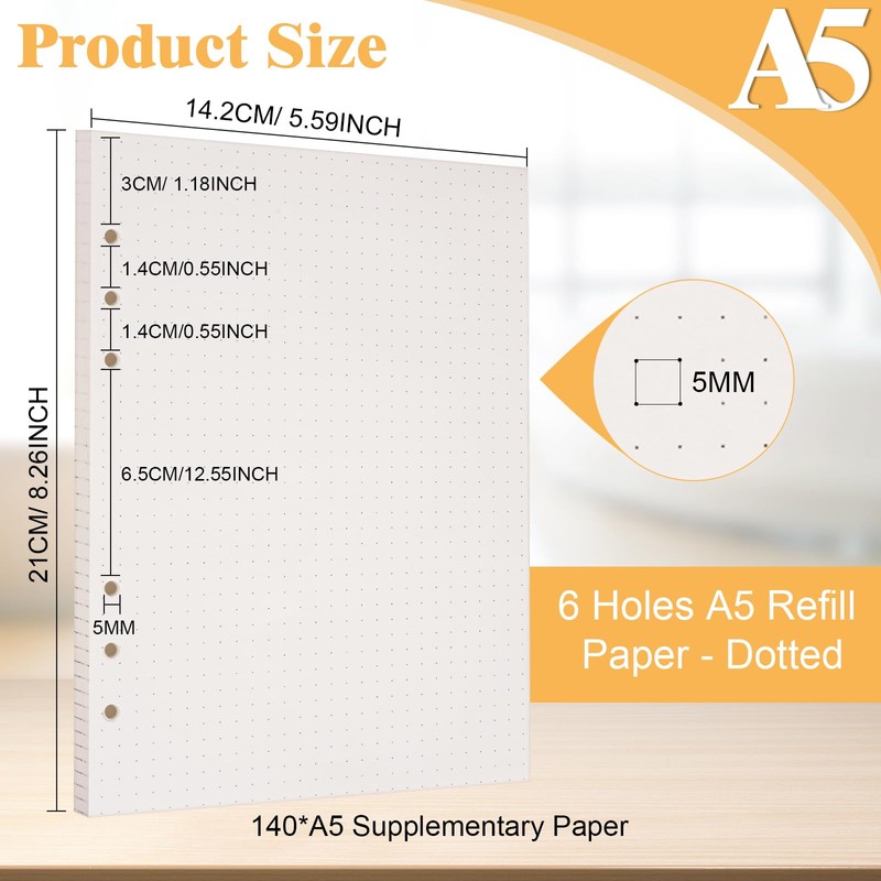 Vicloon A5 Loose Leaf Punched Paper, 140 Pages Dotted Refill
