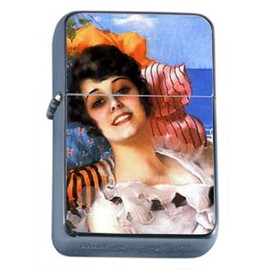 Retro Pretty Girl Beach Windproof Refillable Flip Top Oil Lighter with Tin Gift Box D-464