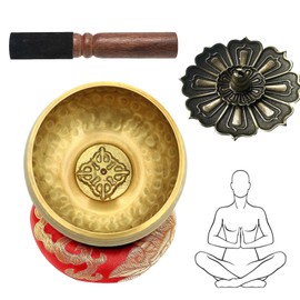 Tibetan Singing Bowl Set, Diameter 8 cm, Small Singing Bowl for Meditation and Relaxation, Singing Bowl with Wooden Beater, Singing Bowl Cushion and Incense Burner for Yoga Meditation and Relaxation